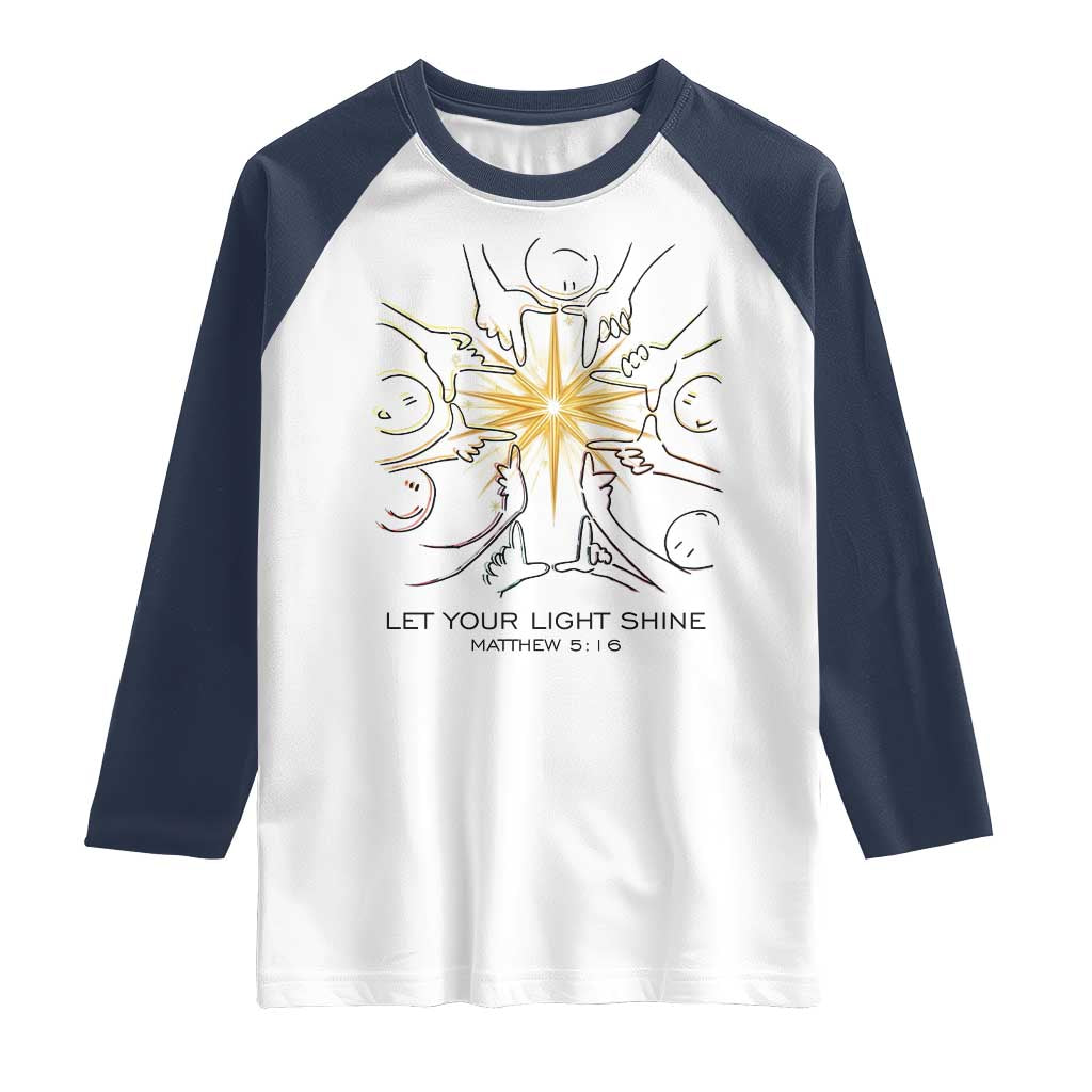 Jesus Christian Raglan Shirt Let Your Light Shine Matthew 5:16 TS14 White Navy Print Your Wear
