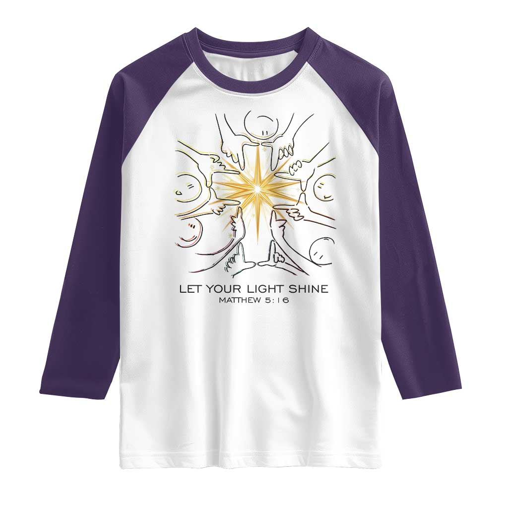 Jesus Christian Raglan Shirt Let Your Light Shine Matthew 5:16 TS14 White Purple Print Your Wear