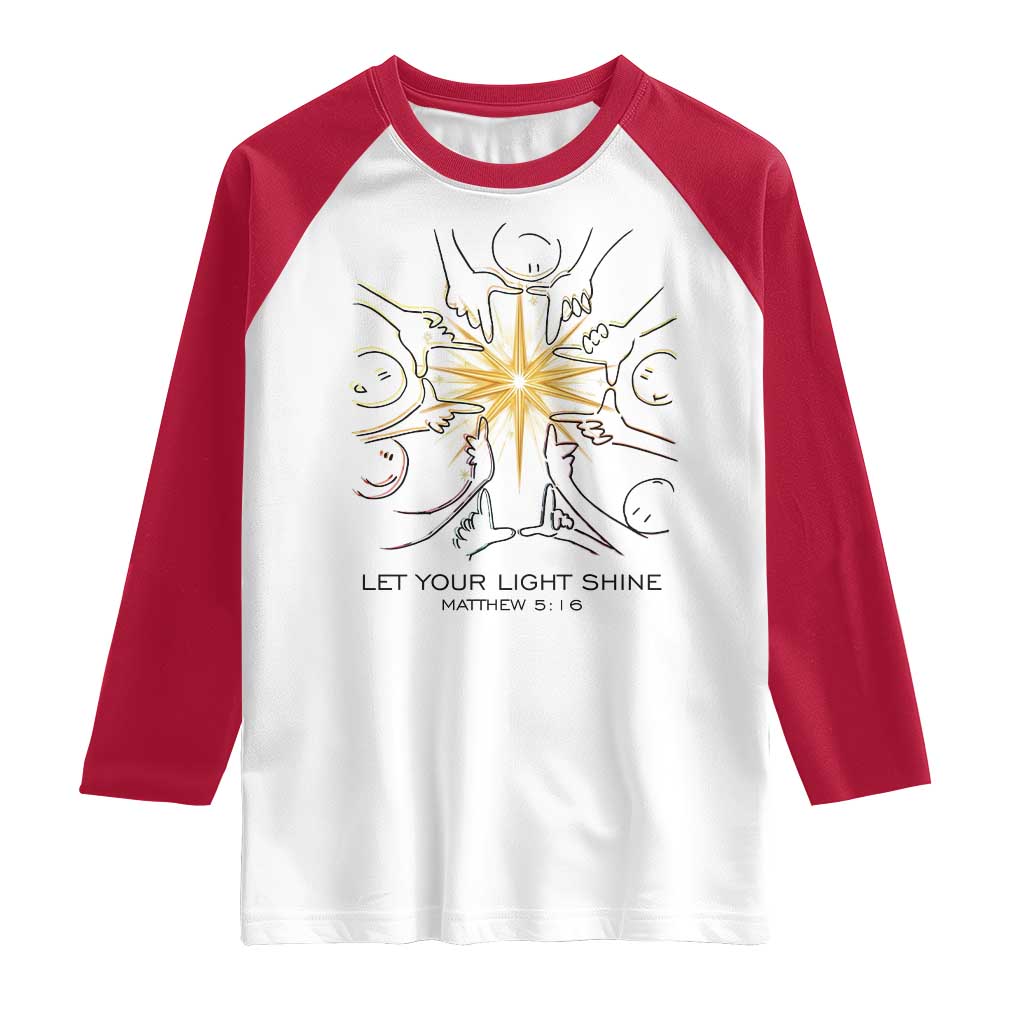 Jesus Christian Raglan Shirt Let Your Light Shine Matthew 5:16 TS14 White Red Print Your Wear