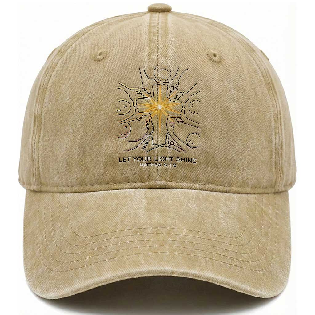 Jesus Christian Washed Cotton Baseball Cap Let Your Light Shine Matthew 5:16 TS14 Washed Cap Universal Fit Khaki Print Your Wear