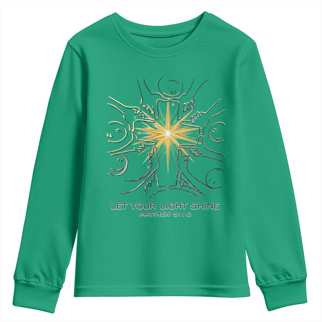 Jesus Christian Youth Sweatshirt Let Your Light Shine Matthew 5:16 TS14 Irish Green Print Your Wear