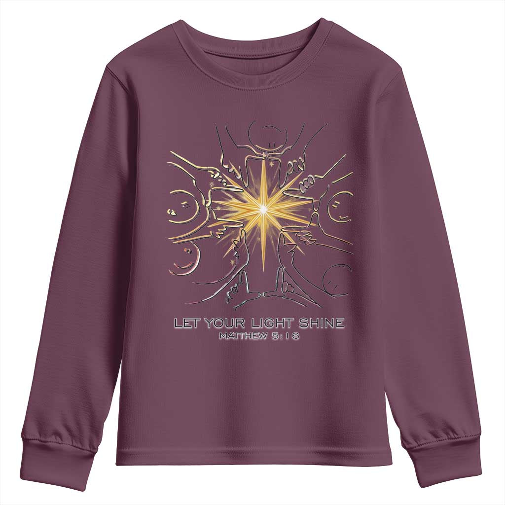 Jesus Christian Youth Sweatshirt Let Your Light Shine Matthew 5:16 TS14 Maroon Print Your Wear