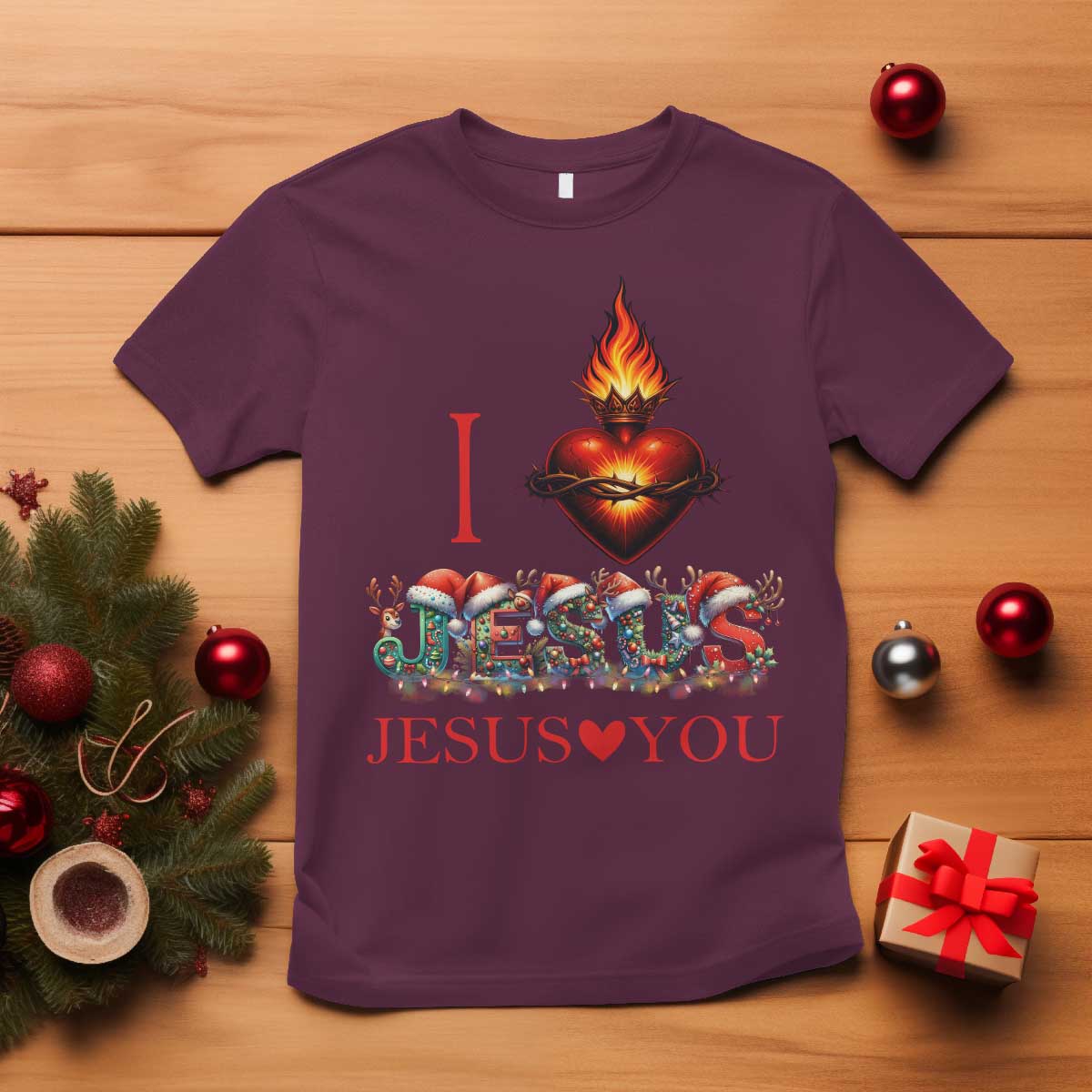 Jesus Christian Christmas T Shirt Cross Bible Verse Faith Love TS14 Maroon Print Your Wear