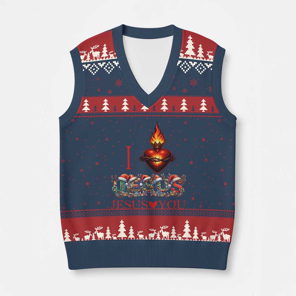 Jesus Christian Xmas V-Neck Knit Sweater Vest Cross Bible Verse Faith Love TS14 Navy Red Print Your Wear
