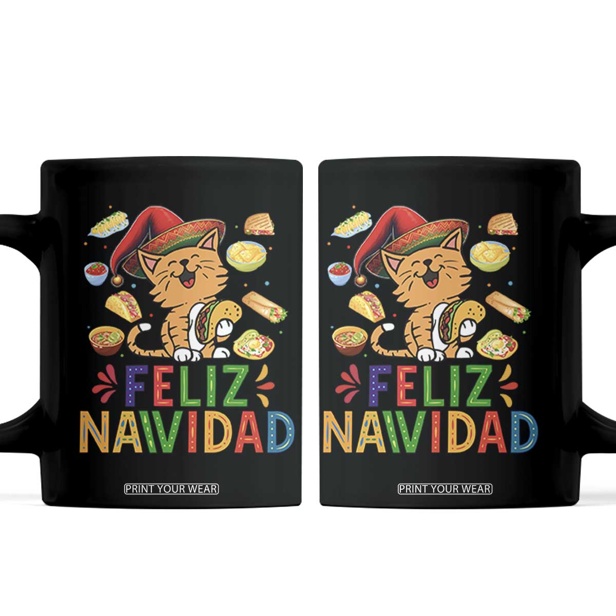 Funny Mexican Cat Christmas Coffee Mug Feliz Navidad Sombrero Kitty Xmas TS14 Black Print Your Wear