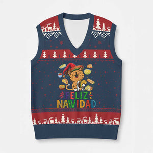 Funny Mexican Cat Xmas V-Neck Knit Sweater Vest Feliz Navidad Sombrero Kitty Xmas TS14 Navy Red Print Your Wear