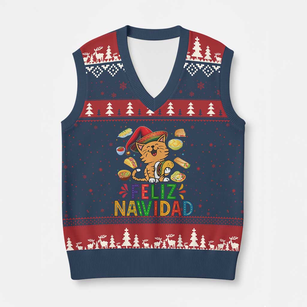 Funny Mexican Cat Xmas V-Neck Knit Sweater Vest Feliz Navidad Sombrero Kitty Xmas - Print Your Wear
