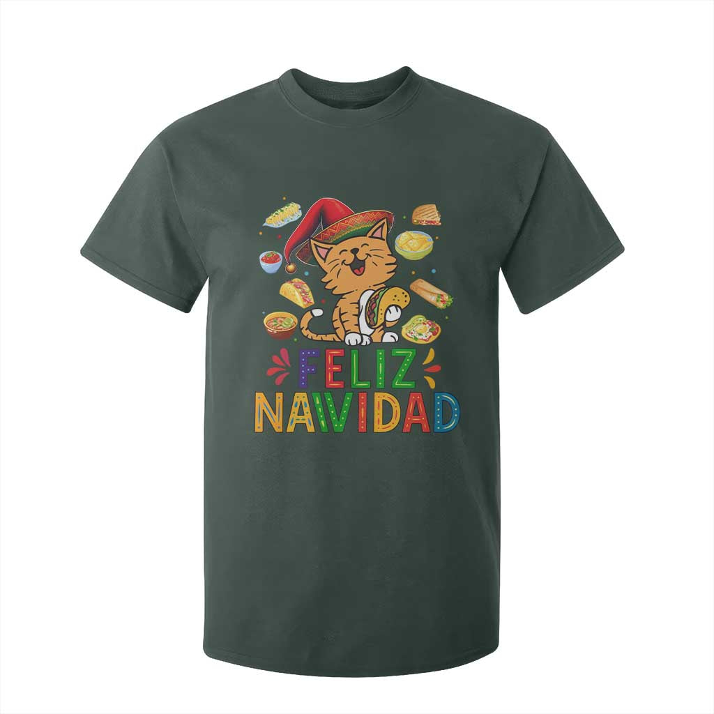 Funny Mexican Cat Christmas T Shirt For Kid Feliz Navidad Sombrero Kitty Xmas TS14 Dark Forest Green Print Your Wear