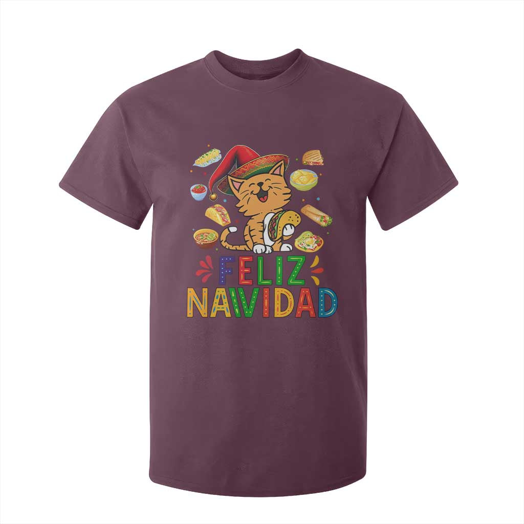 Funny Mexican Cat Christmas T Shirt For Kid Feliz Navidad Sombrero Kitty Xmas TS14 Maroon Print Your Wear
