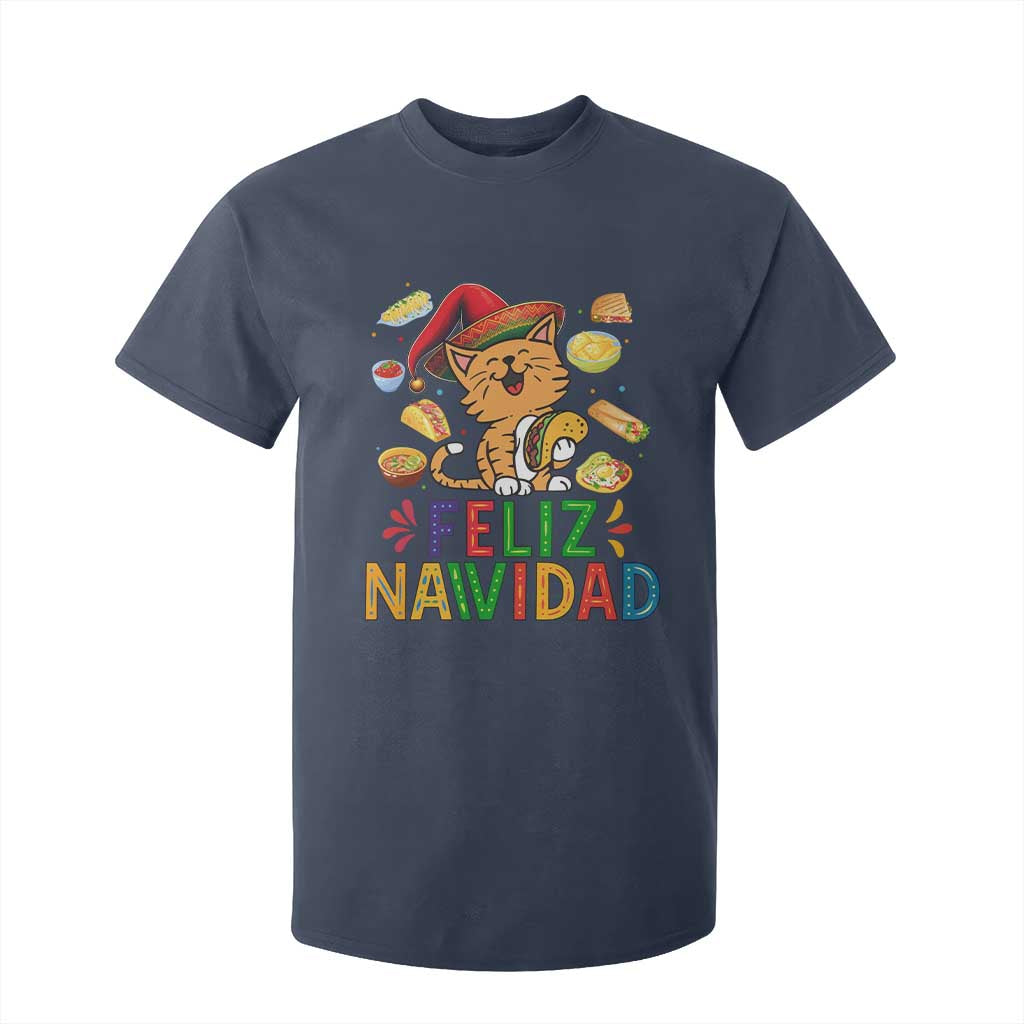 Funny Mexican Cat Christmas T Shirt For Kid Feliz Navidad Sombrero Kitty Xmas TS14 Navy Print Your Wear