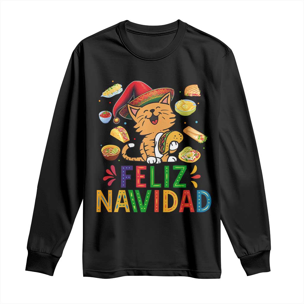 Funny Mexican Cat Christmas Long Sleeve Shirt Feliz Navidad Sombrero Kitty Xmas TS14 Black Print Your Wear