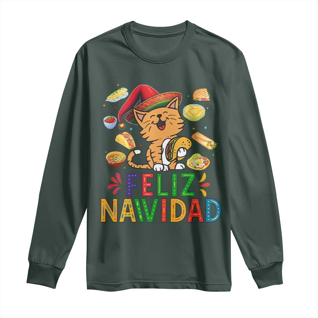 Funny Mexican Cat Christmas Long Sleeve Shirt Feliz Navidad Sombrero Kitty Xmas TS14 Dark Forest Green Print Your Wear