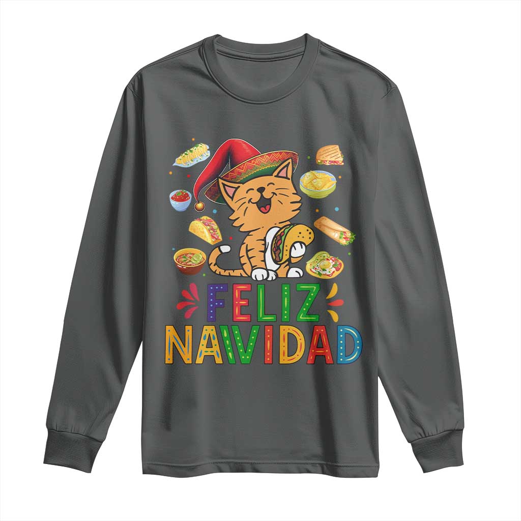 Funny Mexican Cat Christmas Long Sleeve Shirt Feliz Navidad Sombrero Kitty Xmas TS14 Dark Heather Print Your Wear