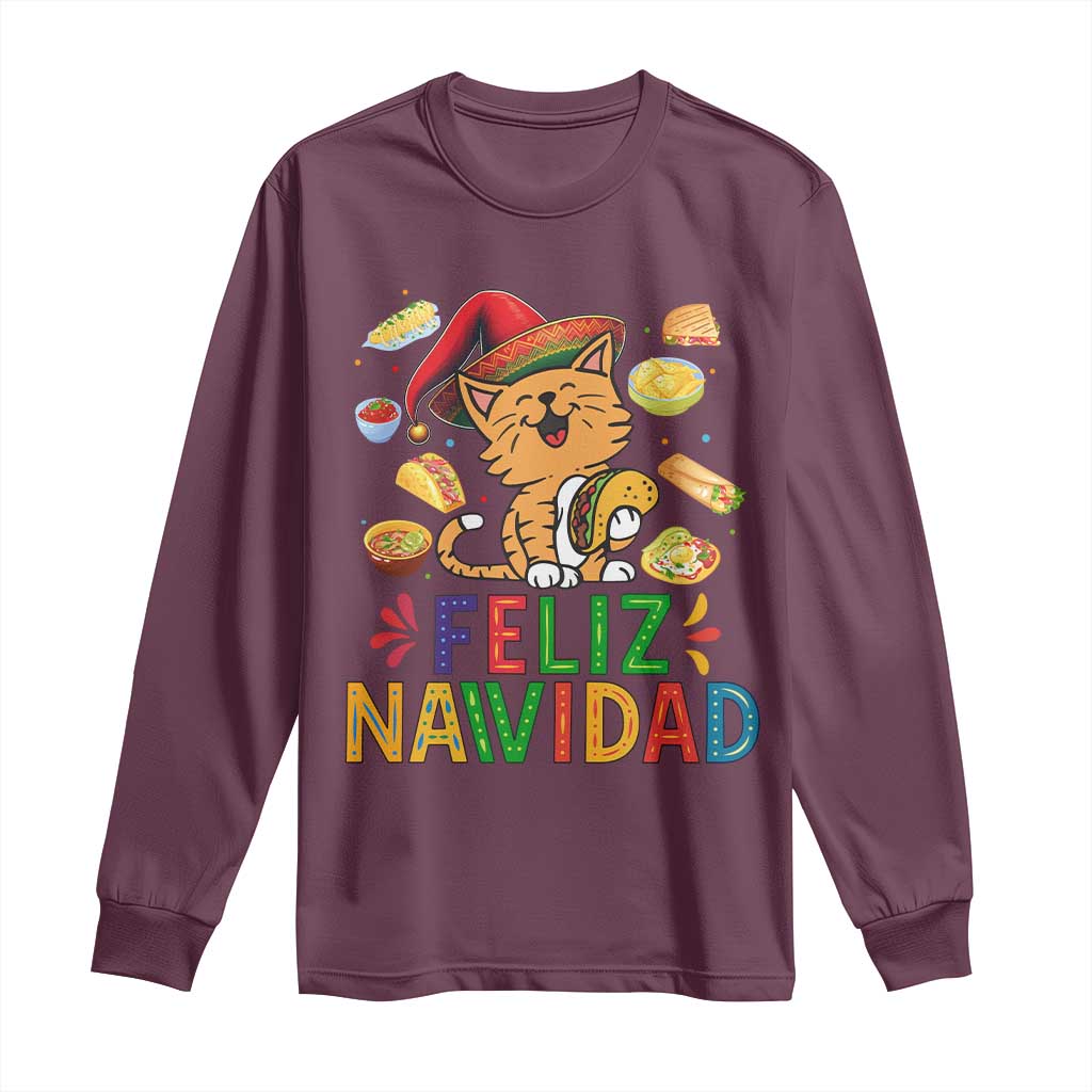 Funny Mexican Cat Christmas Long Sleeve Shirt Feliz Navidad Sombrero Kitty Xmas TS14 Maroon Print Your Wear