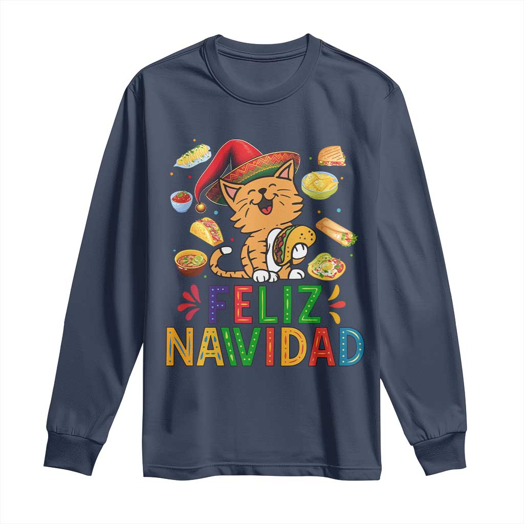 Funny Mexican Cat Christmas Long Sleeve Shirt Feliz Navidad Sombrero Kitty Xmas TS14 Navy Print Your Wear