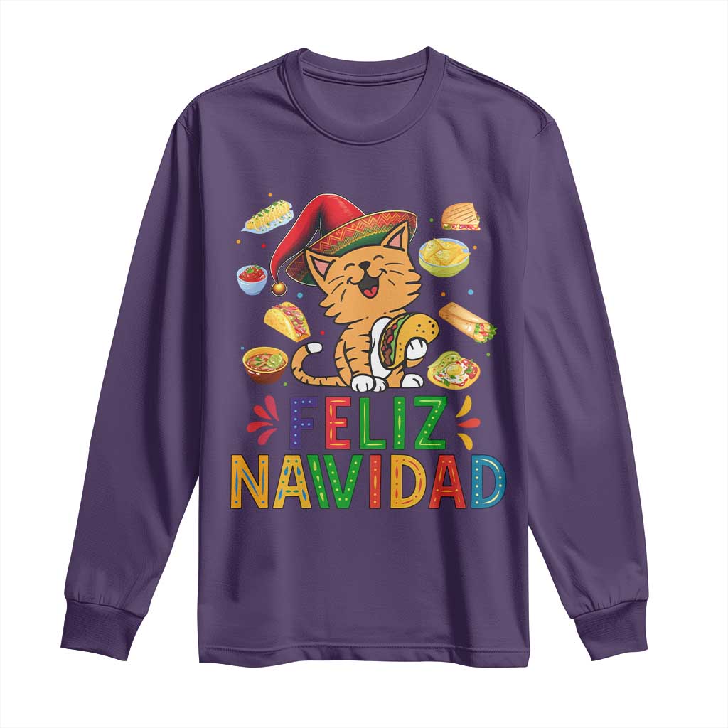Funny Mexican Cat Christmas Long Sleeve Shirt Feliz Navidad Sombrero Kitty Xmas TS14 Purple Print Your Wear