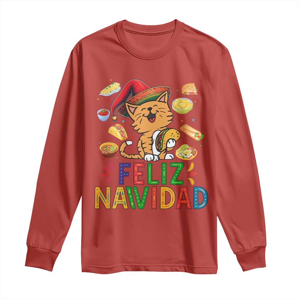 Funny Mexican Cat Christmas Long Sleeve Shirt Feliz Navidad Sombrero Kitty Xmas TS14 Red Print Your Wear