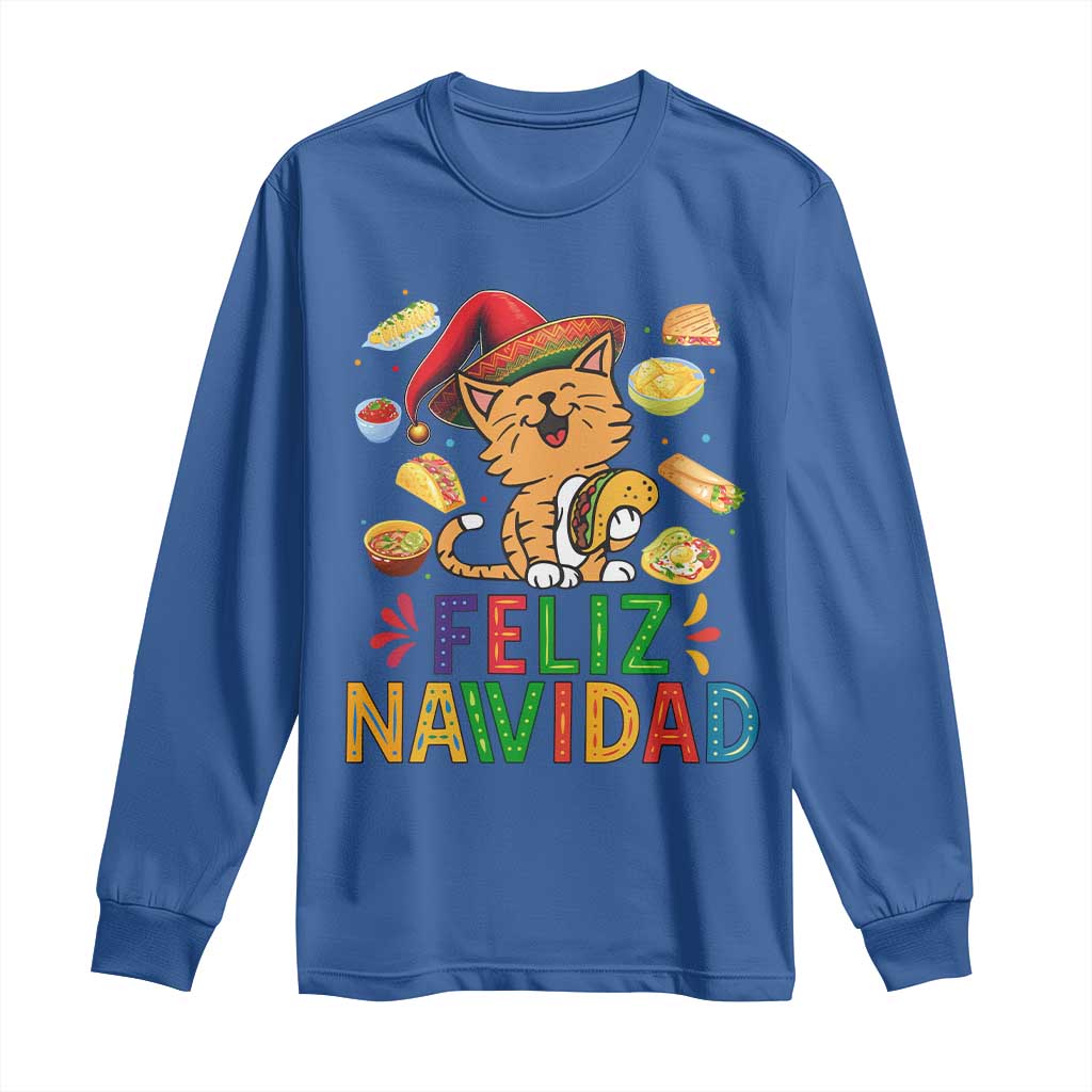Funny Mexican Cat Christmas Long Sleeve Shirt Feliz Navidad Sombrero Kitty Xmas TS14 Royal Blue Print Your Wear