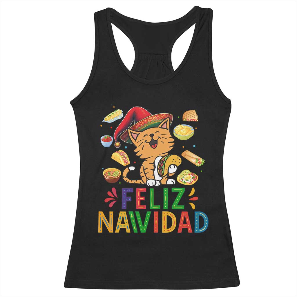 Funny Mexican Cat Christmas Racerback Tank Top Feliz Navidad Sombrero Kitty Xmas - Print Your Wear