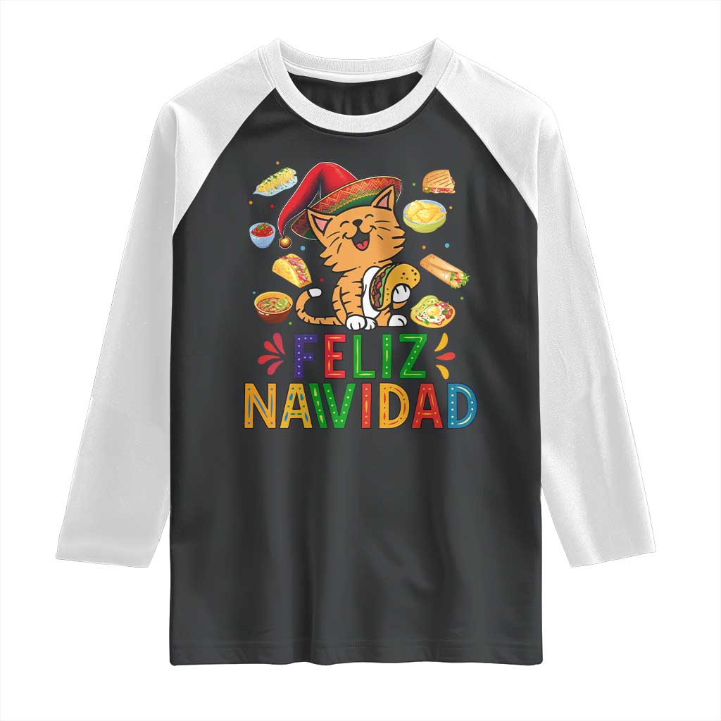Funny Mexican Cat Christmas Raglan Shirt Feliz Navidad Sombrero Kitty Xmas TS14 Black White Print Your Wear