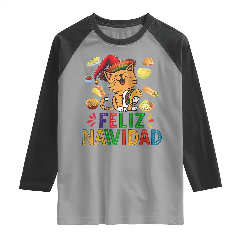 Funny Mexican Cat Christmas Raglan Shirt Feliz Navidad Sombrero Kitty Xmas TS14 Sport Gray Black Print Your Wear