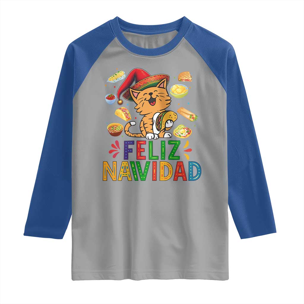 Funny Mexican Cat Christmas Raglan Shirt Feliz Navidad Sombrero Kitty Xmas TS14 Sport Gray Royal Print Your Wear