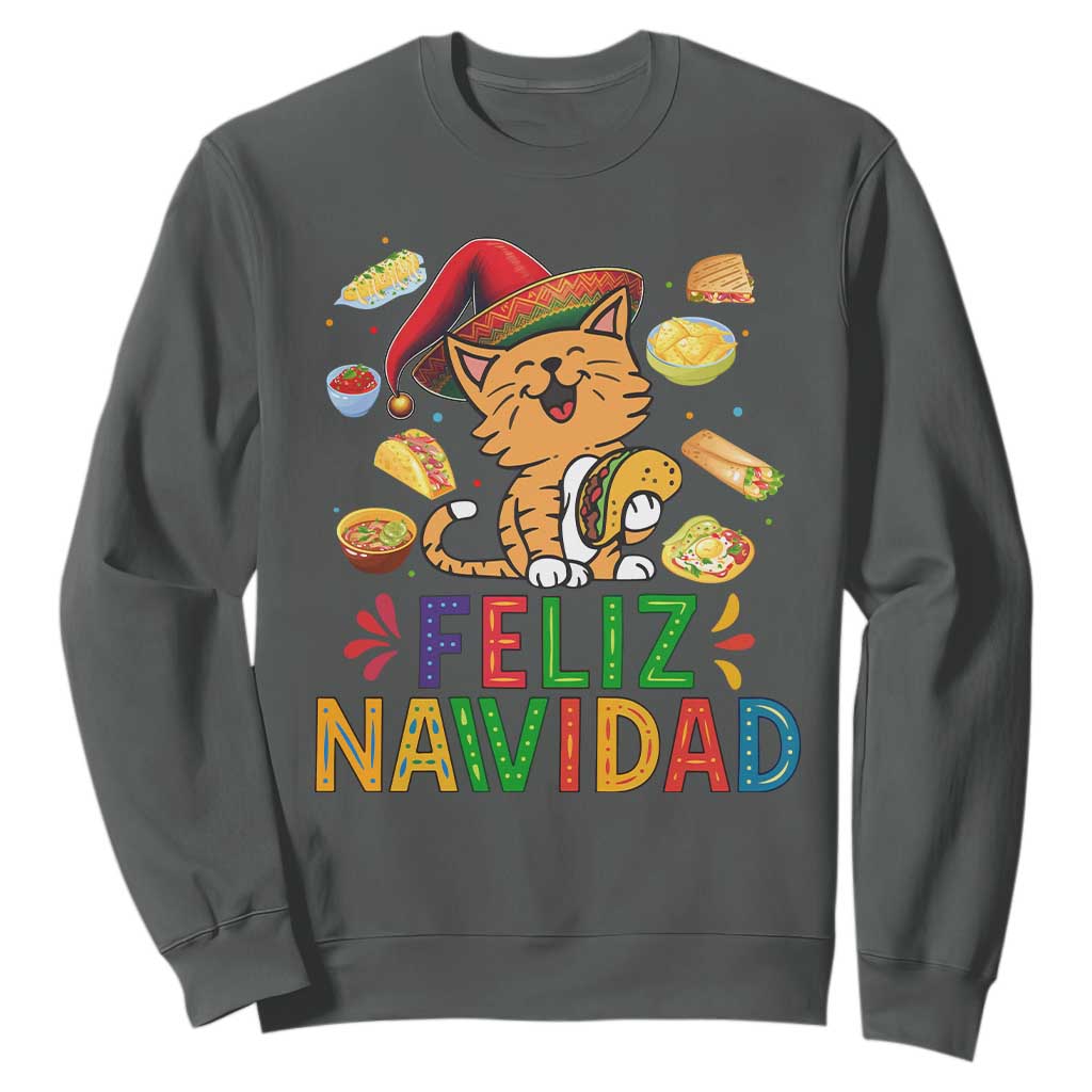 Funny Mexican Cat Christmas Sweatshirt Feliz Navidad Sombrero Kitty Xmas TS14 Dark Heather Print Your Wear