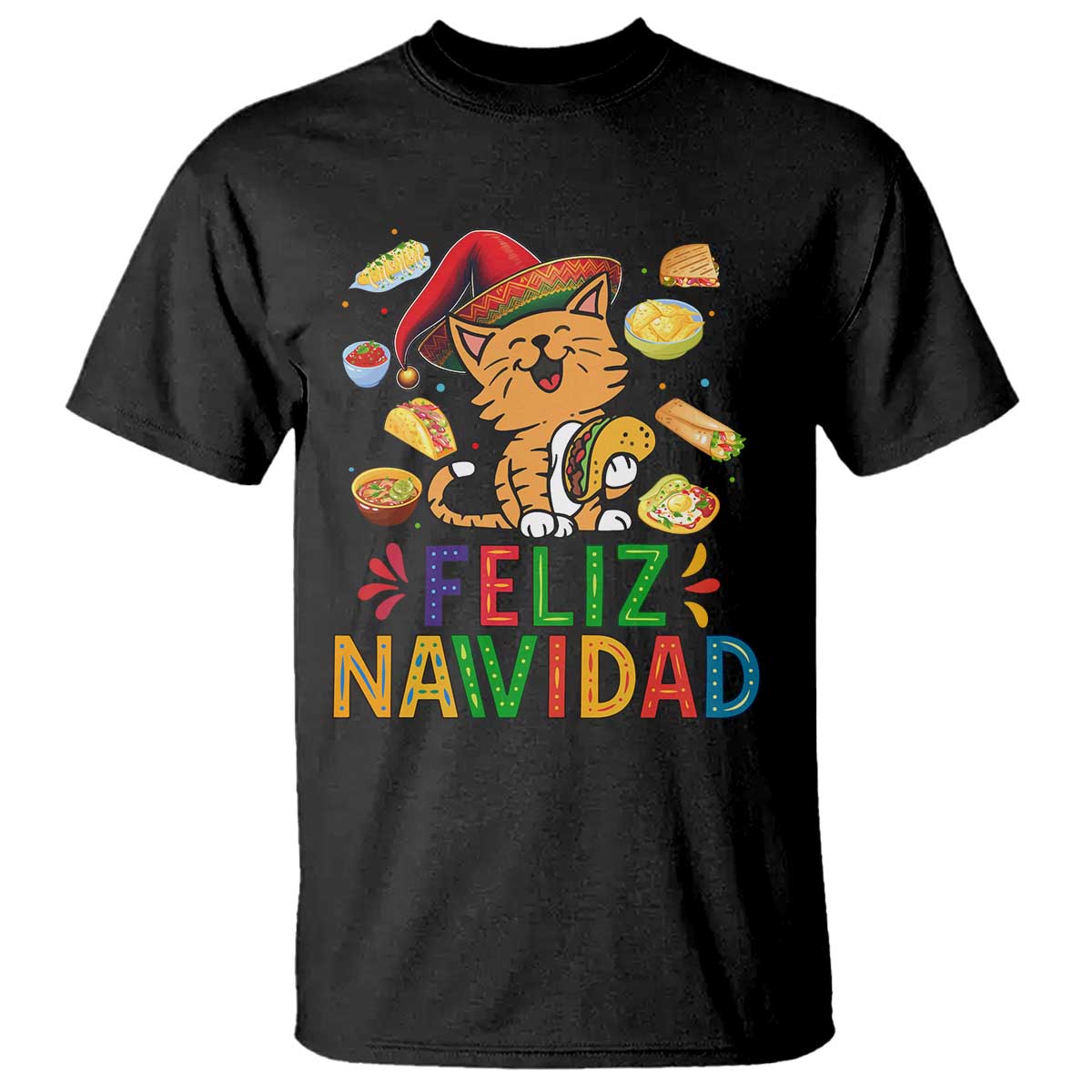 Funny Mexican Cat Christmas T Shirt Feliz Navidad Sombrero Kitty Xmas - Print Your Wear