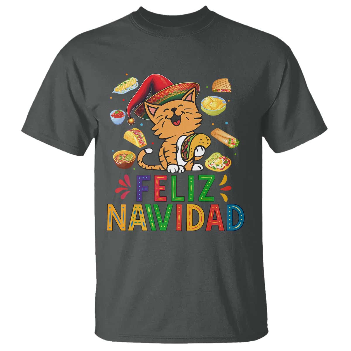 Funny Mexican Cat Christmas T Shirt Feliz Navidad Sombrero Kitty Xmas TS14 Dark Heather Print Your Wear