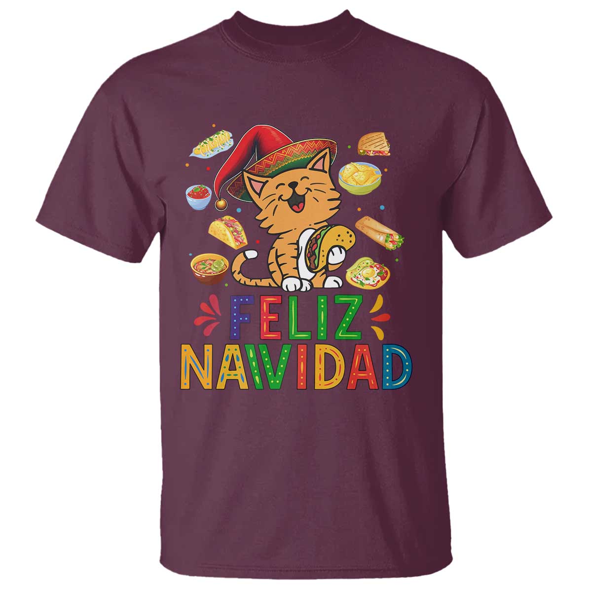 Funny Mexican Cat Christmas T Shirt Feliz Navidad Sombrero Kitty Xmas TS14 Maroon Print Your Wear