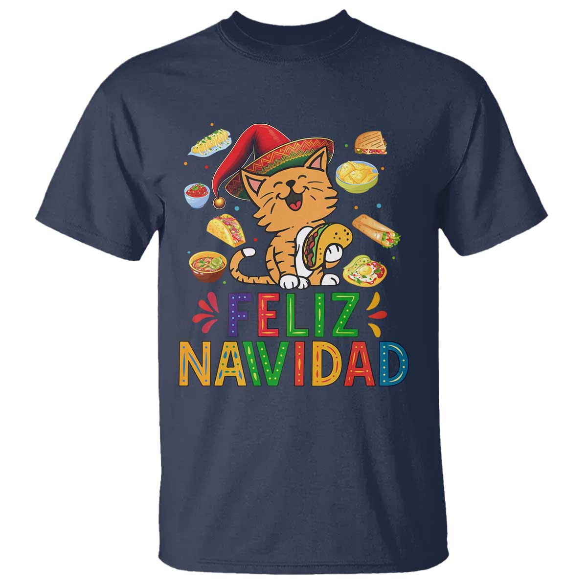 Funny Mexican Cat Christmas T Shirt Feliz Navidad Sombrero Kitty Xmas TS14 Navy Print Your Wear