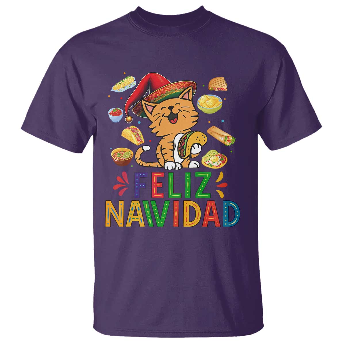 Funny Mexican Cat Christmas T Shirt Feliz Navidad Sombrero Kitty Xmas TS14 Purple Print Your Wear