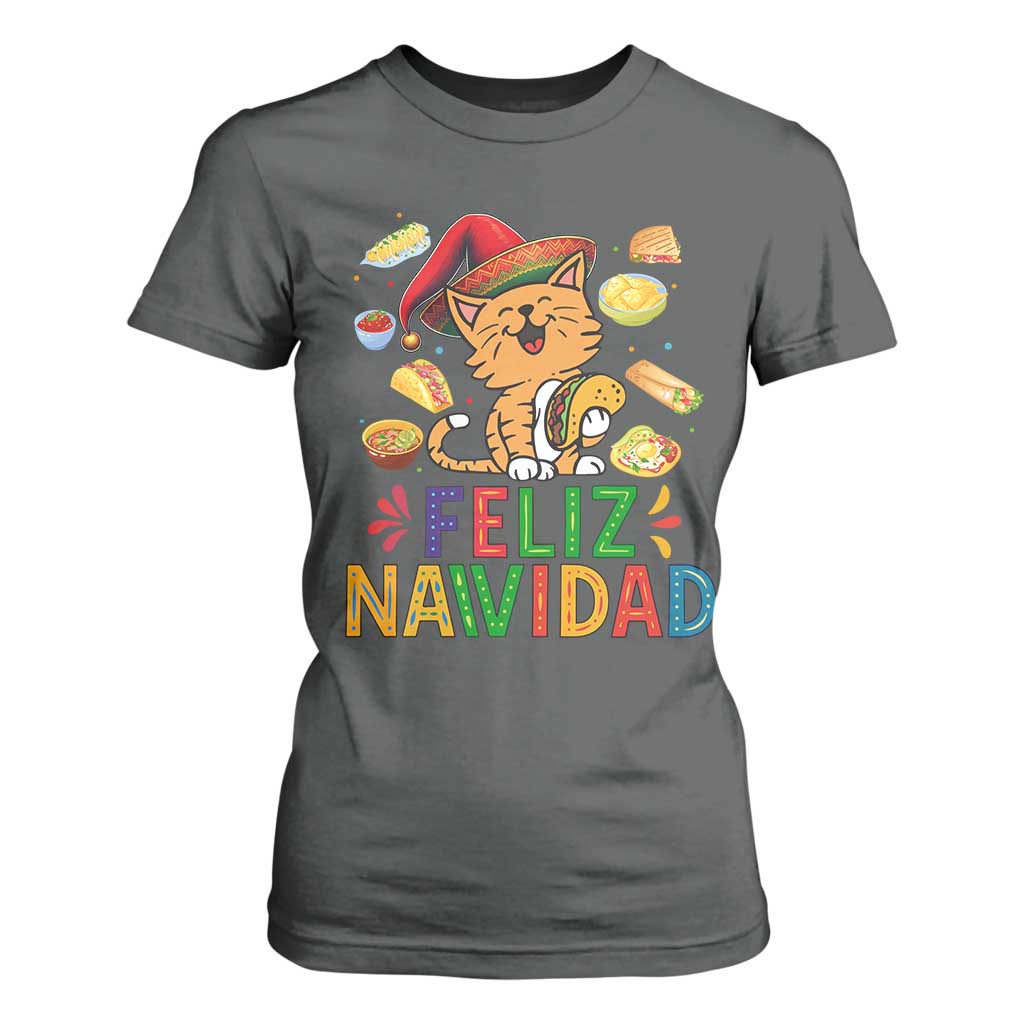 Funny Mexican Cat Christmas T Shirt For Women Feliz Navidad Sombrero Kitty Xmas TS14 Dark Heather Print Your Wear