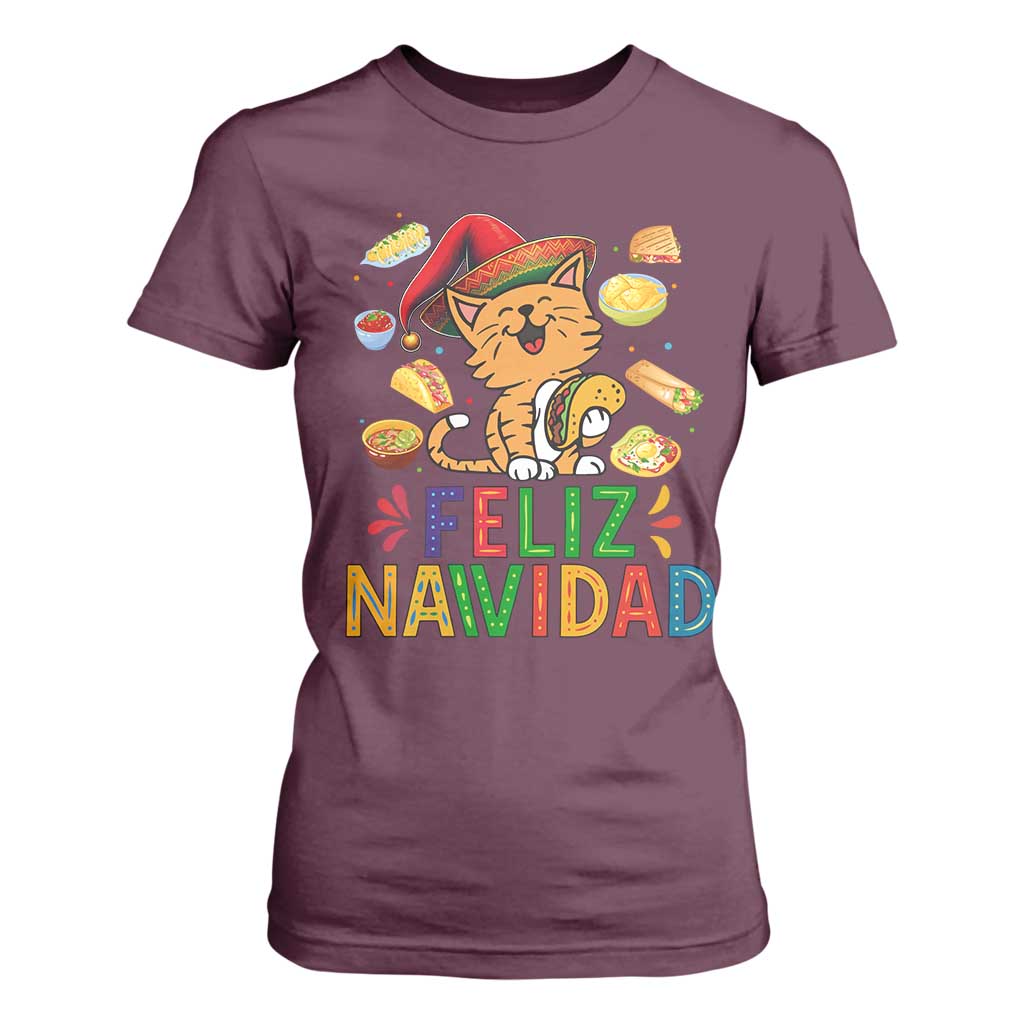 Funny Mexican Cat Christmas T Shirt For Women Feliz Navidad Sombrero Kitty Xmas TS14 Maroon Print Your Wear