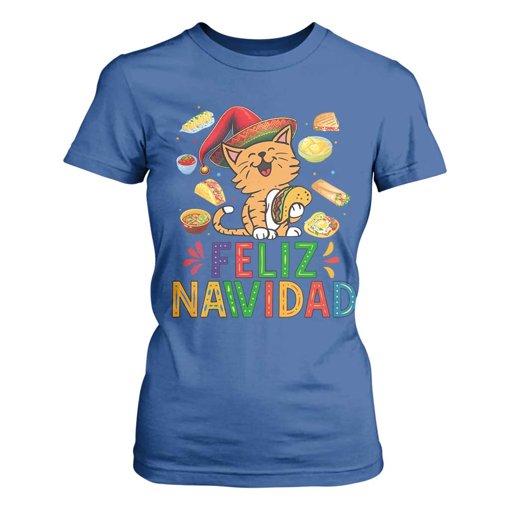 Funny Mexican Cat Christmas T Shirt For Women Feliz Navidad Sombrero Kitty Xmas TS14 Royal Blue Print Your Wear