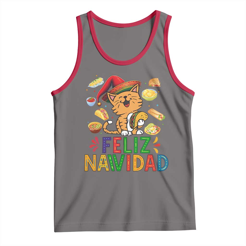 Funny Mexican Cat Christmas Tank Top Feliz Navidad Sombrero Kitty Xmas TS14 Deep Heather Red Print Your Wear