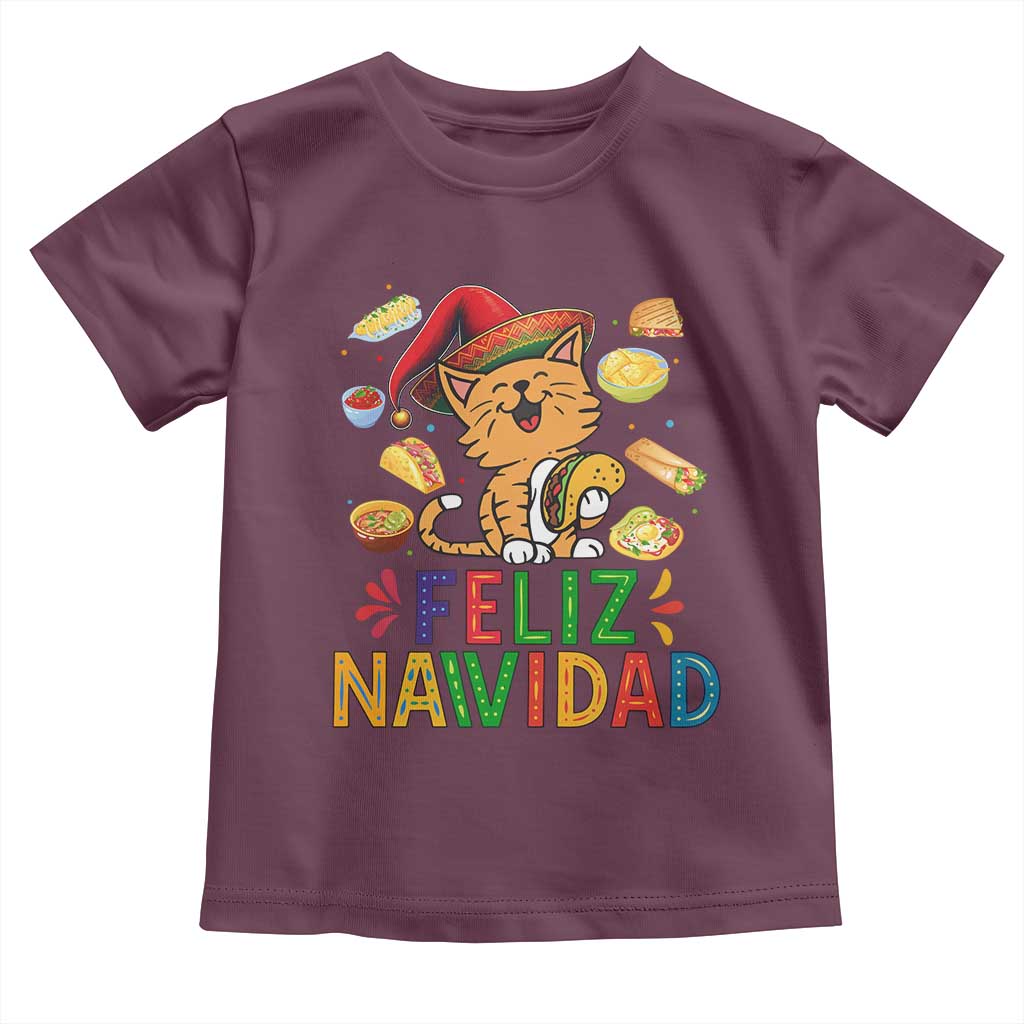 Funny Mexican Cat Christmas Toddler T Shirt Feliz Navidad Sombrero Kitty Xmas TS14 Maroon Print Your Wear