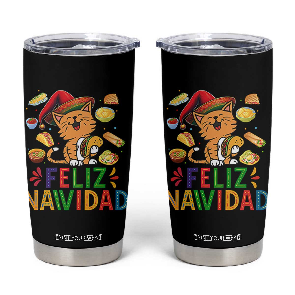 Funny Mexican Cat Christmas Tumbler Cup Feliz Navidad Sombrero Kitty Xmas TS14 Black Print Your Wear