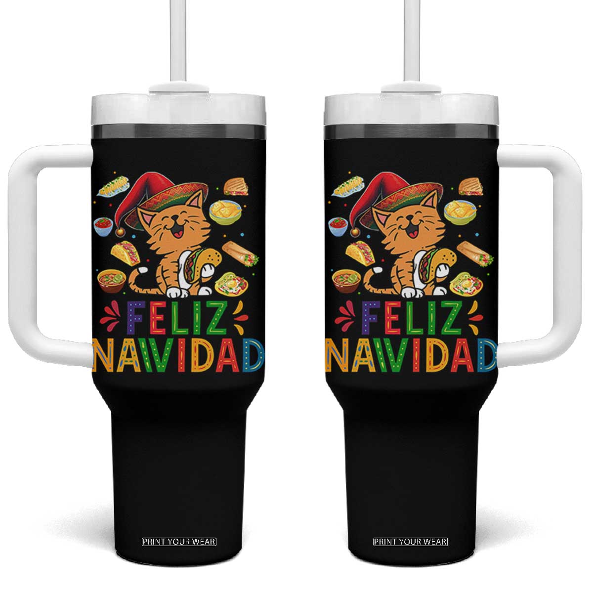 Funny Mexican Cat Christmas Tumbler With Handle Feliz Navidad Sombrero Kitty Xmas TS14 One Size: 40 oz Black Print Your Wear