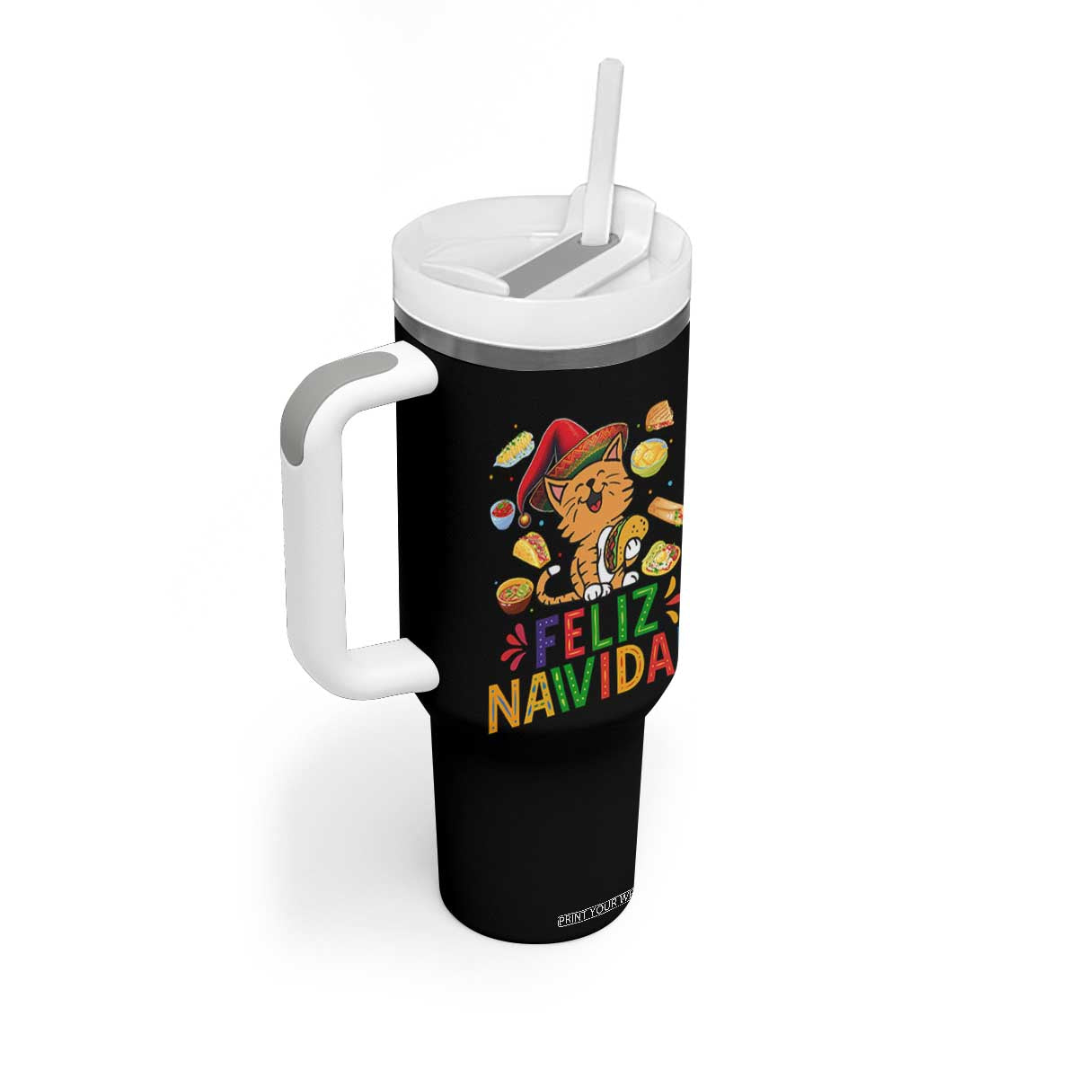 Funny Mexican Cat Christmas Tumbler With Handle Feliz Navidad Sombrero Kitty Xmas TS14 Print Your Wear