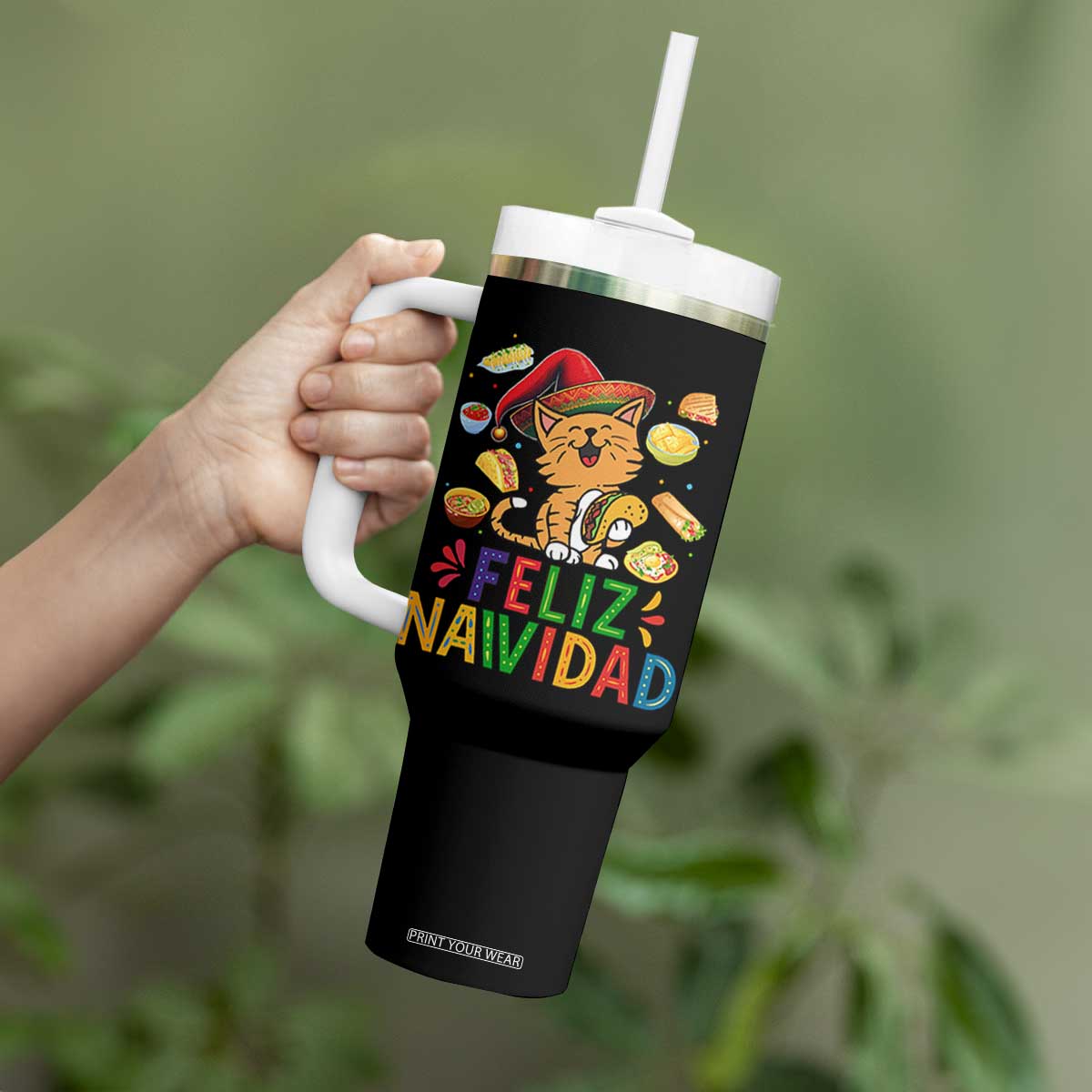 Funny Mexican Cat Christmas Tumbler With Handle Feliz Navidad Sombrero Kitty Xmas TS14 Print Your Wear