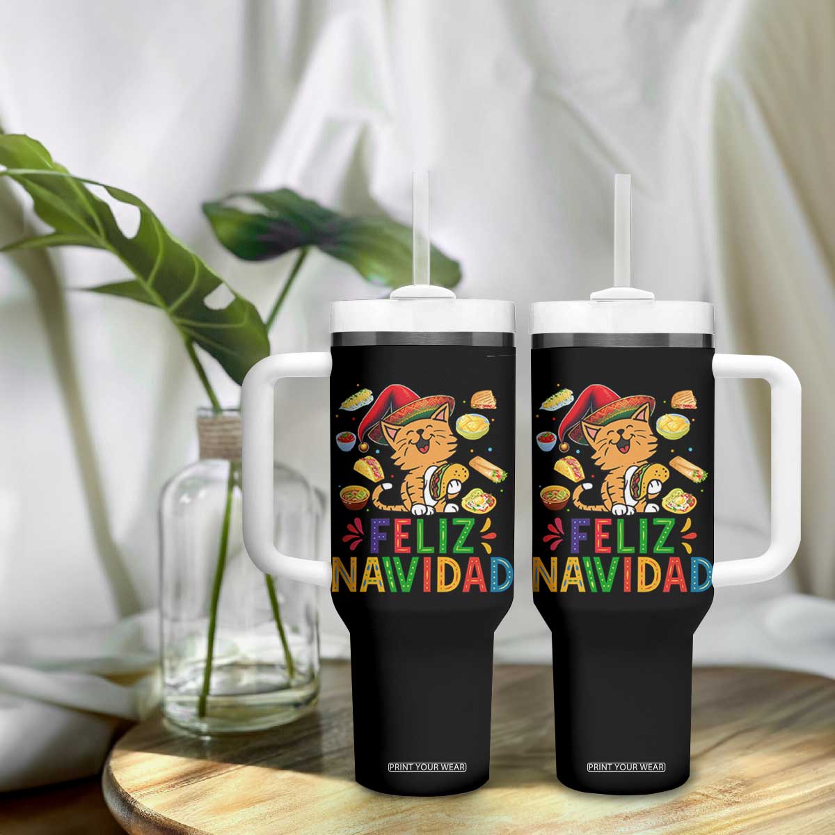 Funny Mexican Cat Christmas Tumbler With Handle Feliz Navidad Sombrero Kitty Xmas TS14 Print Your Wear