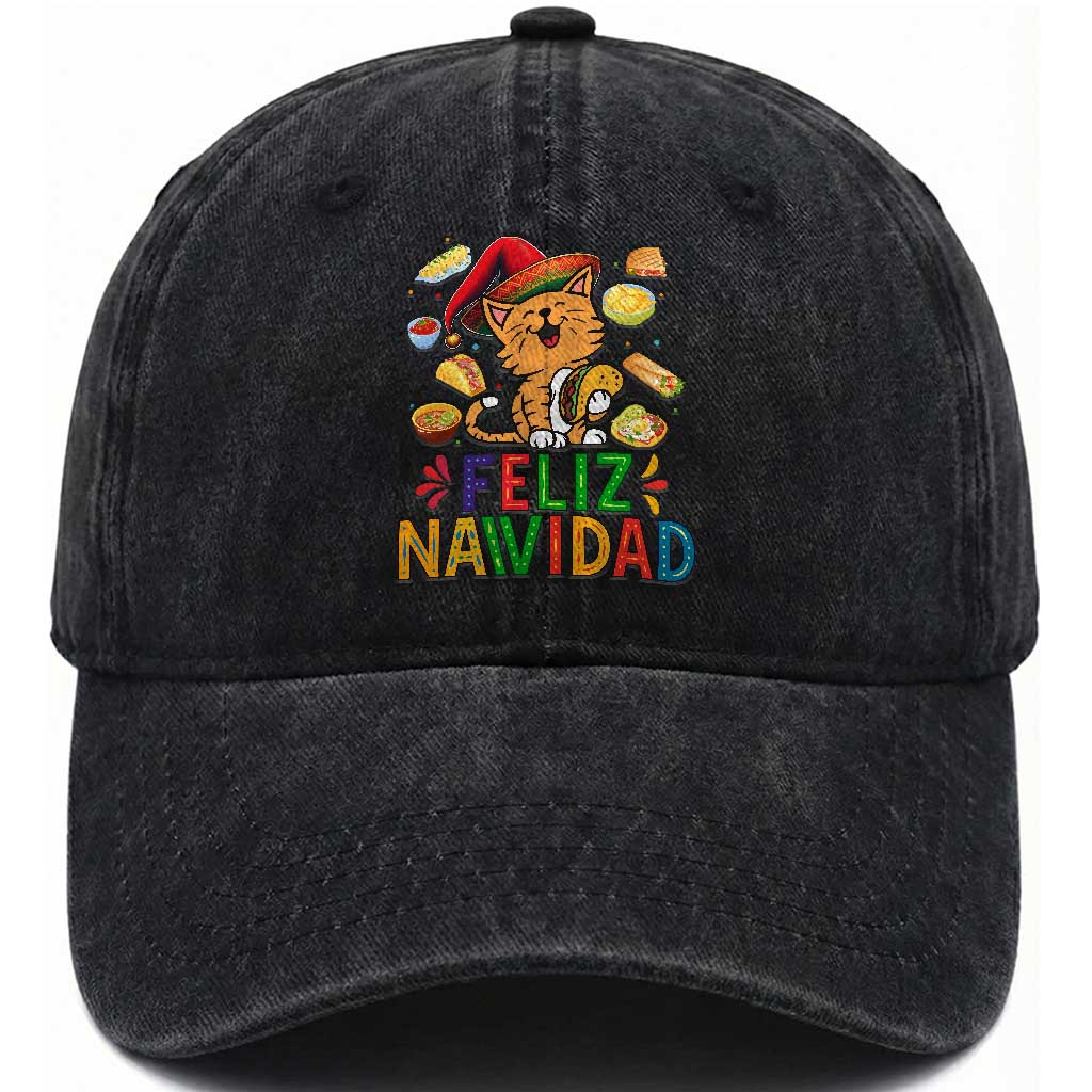 Funny Mexican Cat Christmas Washed Cotton Baseball Cap Feliz Navidad Sombrero Kitty Xmas TS14 Washed Cap Universal Fit Black Print Your Wear