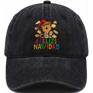 Funny Mexican Cat Christmas Washed Cotton Baseball Cap Feliz Navidad Sombrero Kitty Xmas TS14 Washed Cap Universal Fit Black Print Your Wear