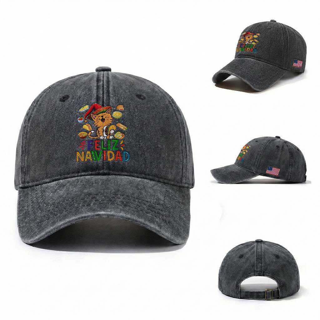 Funny Mexican Cat Christmas Washed Cotton Baseball Cap Feliz Navidad Sombrero Kitty Xmas TS14 Washed Cap Universal Fit Dark Gray Print Your Wear