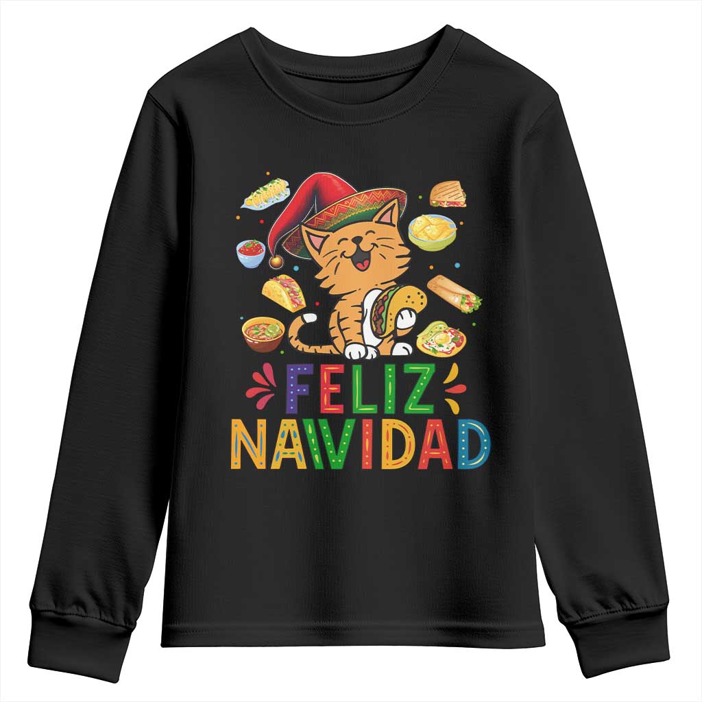 Funny Mexican Cat Christmas Youth Sweatshirt Feliz Navidad Sombrero Kitty Xmas TS14 Black Print Your Wear