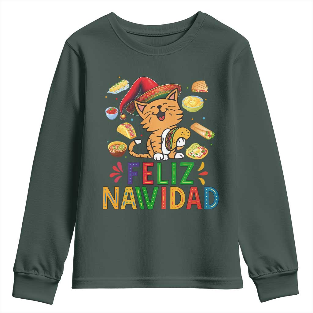 Funny Mexican Cat Christmas Youth Sweatshirt Feliz Navidad Sombrero Kitty Xmas TS14 Dark Forest Green Print Your Wear