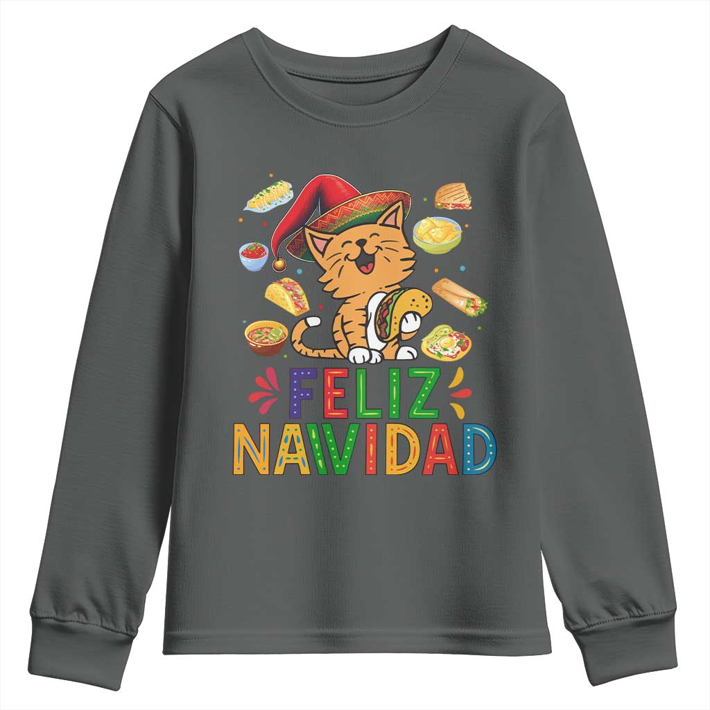 Funny Mexican Cat Christmas Youth Sweatshirt Feliz Navidad Sombrero Kitty Xmas TS14 Dark Heather Print Your Wear