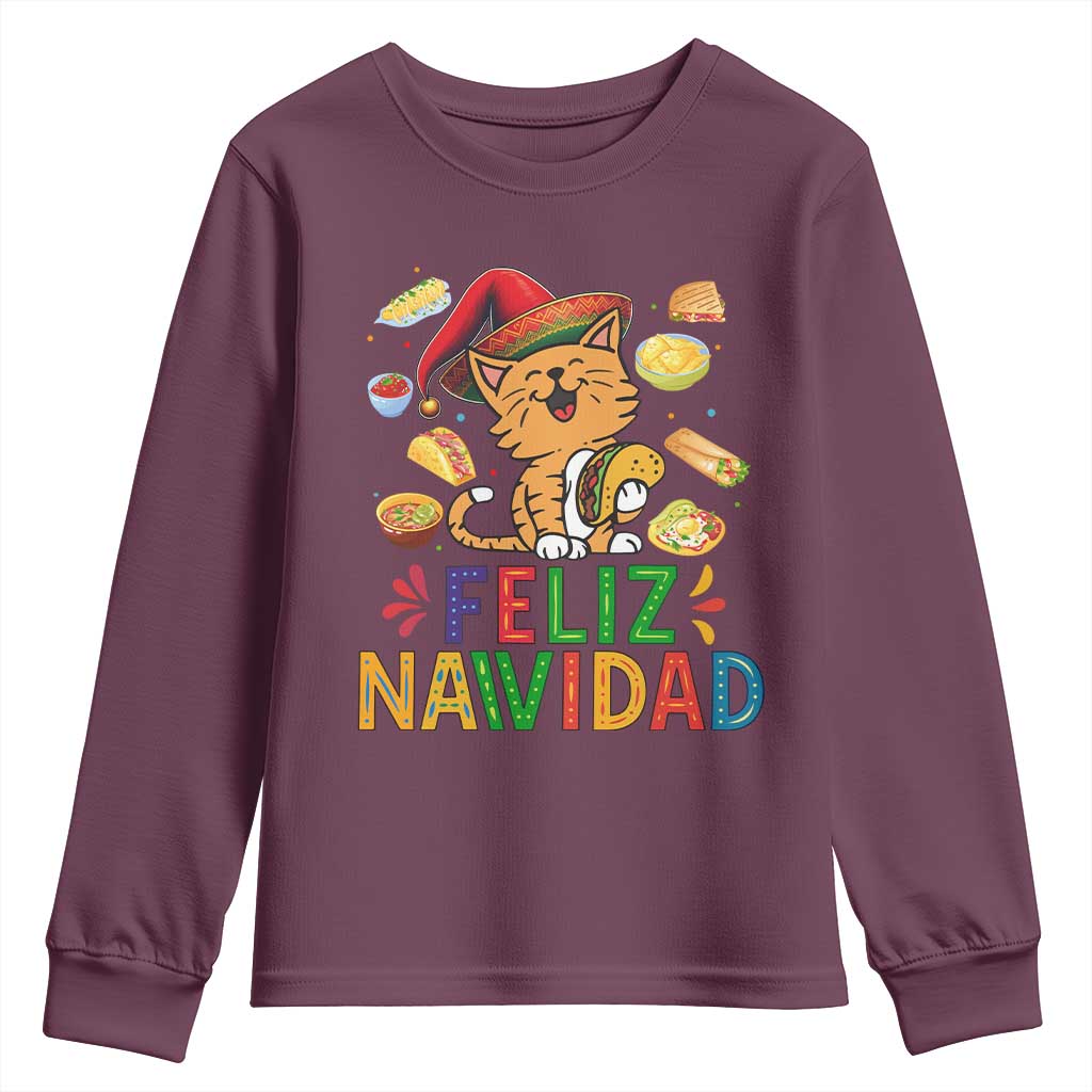 Funny Mexican Cat Christmas Youth Sweatshirt Feliz Navidad Sombrero Kitty Xmas TS14 Maroon Print Your Wear