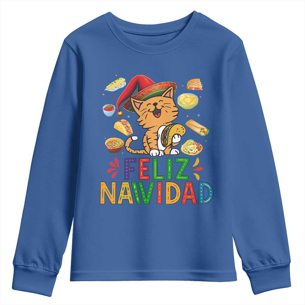 Funny Mexican Cat Christmas Youth Sweatshirt Feliz Navidad Sombrero Kitty Xmas TS14 Royal Blue Print Your Wear